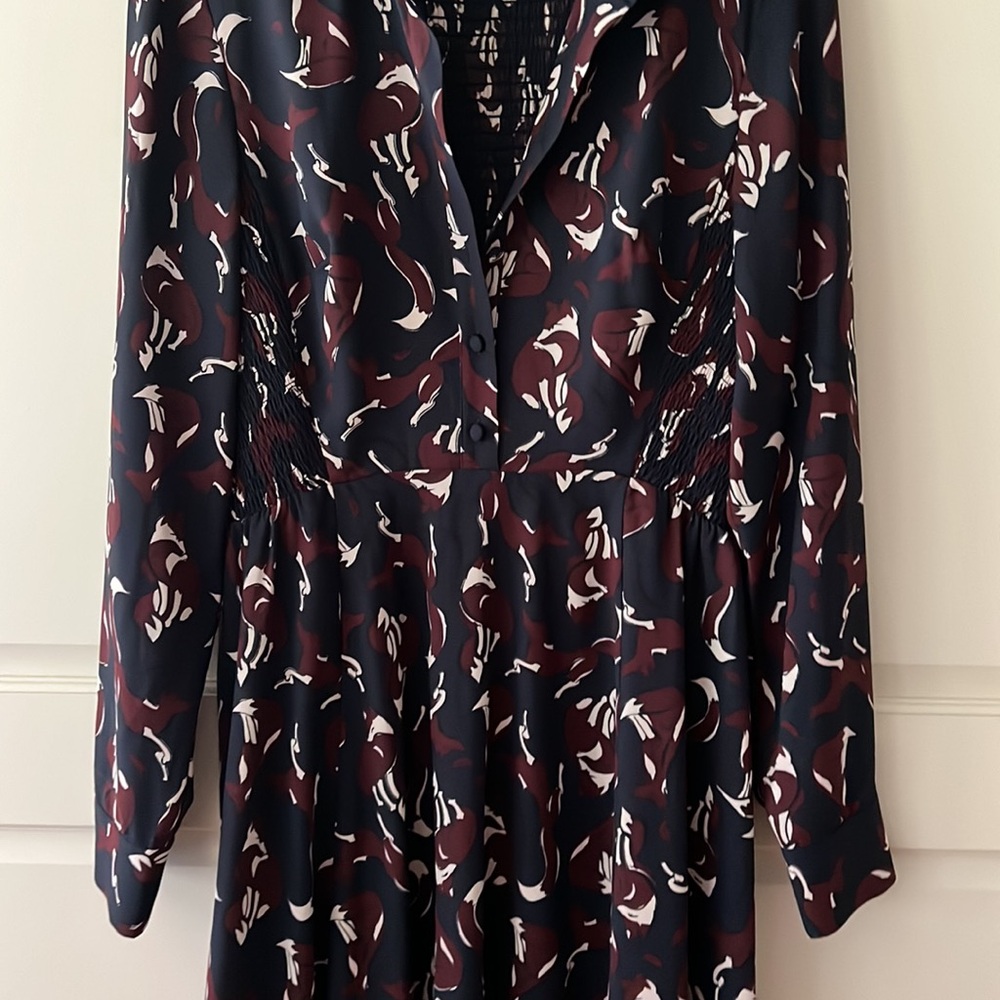 KATE SPADE Navy Smocked Fox Print Long Sleeve Pippa Middleton Shift Dress Sz 4 - Picture 6 of 16
